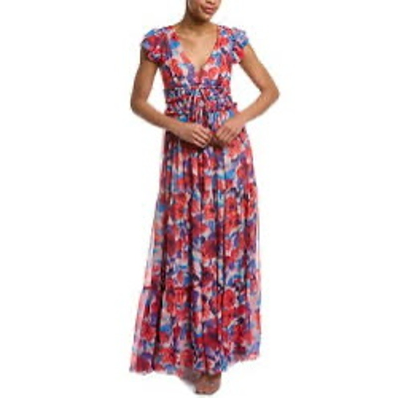 Patbo Violet Maxi Dress Red Floral V Neck Flutter Sleeve Resort Size 6